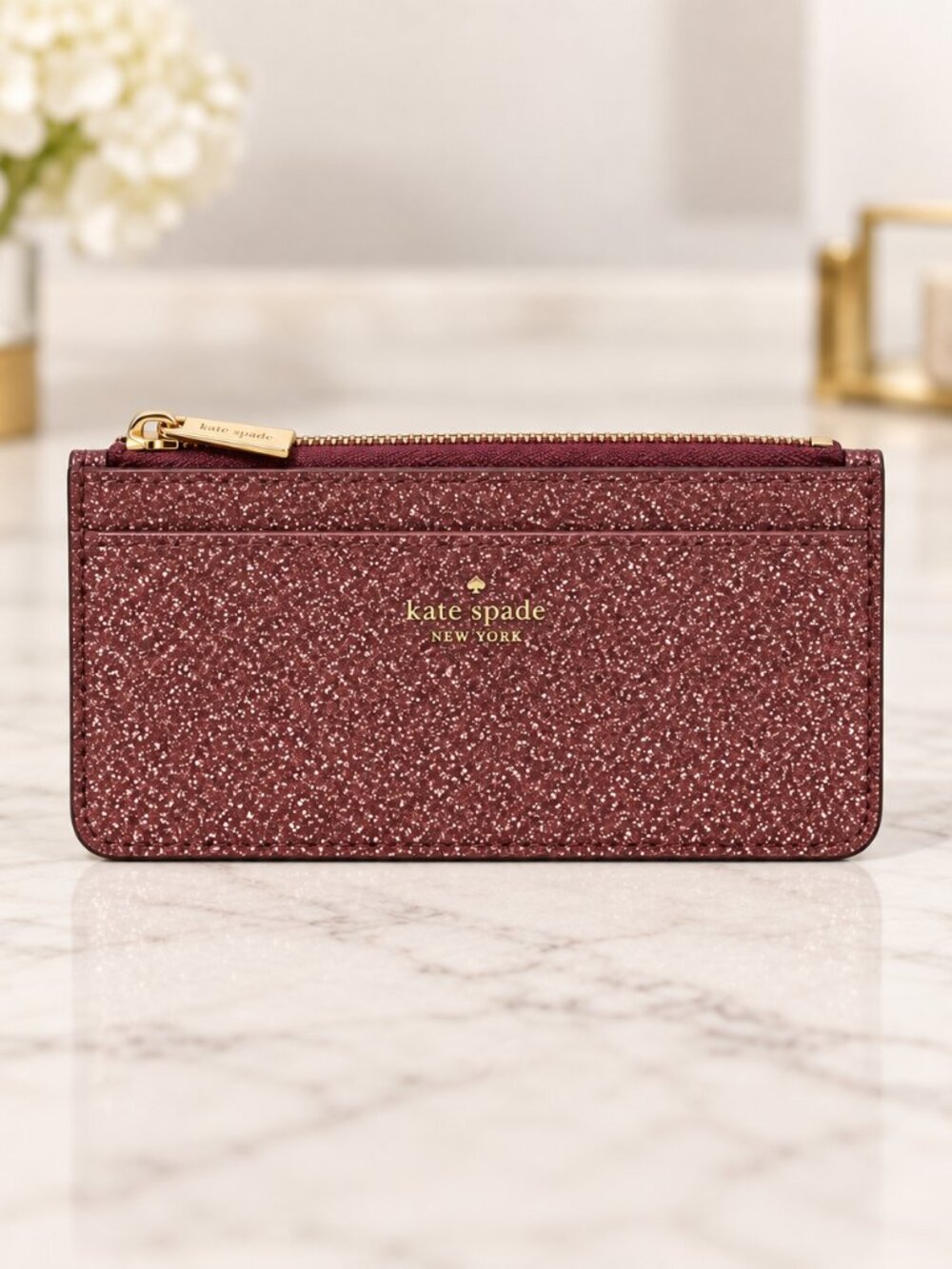 Kate Spade Burgundy Glitter Zip Card Wallet Gold Hardware NWT